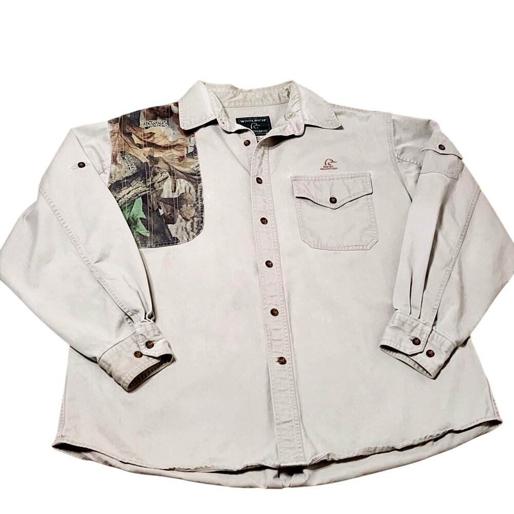 Vintage Woolrich Shirt Mens XL Beige Ducks Unlimited Camo Button Long Sleeve